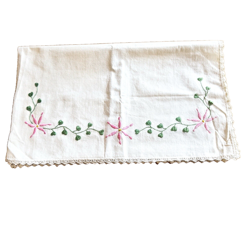 Vtg Dresser Scarf Linen Embroidered Flowers Crochet Border Pink Green 17.75"x43"